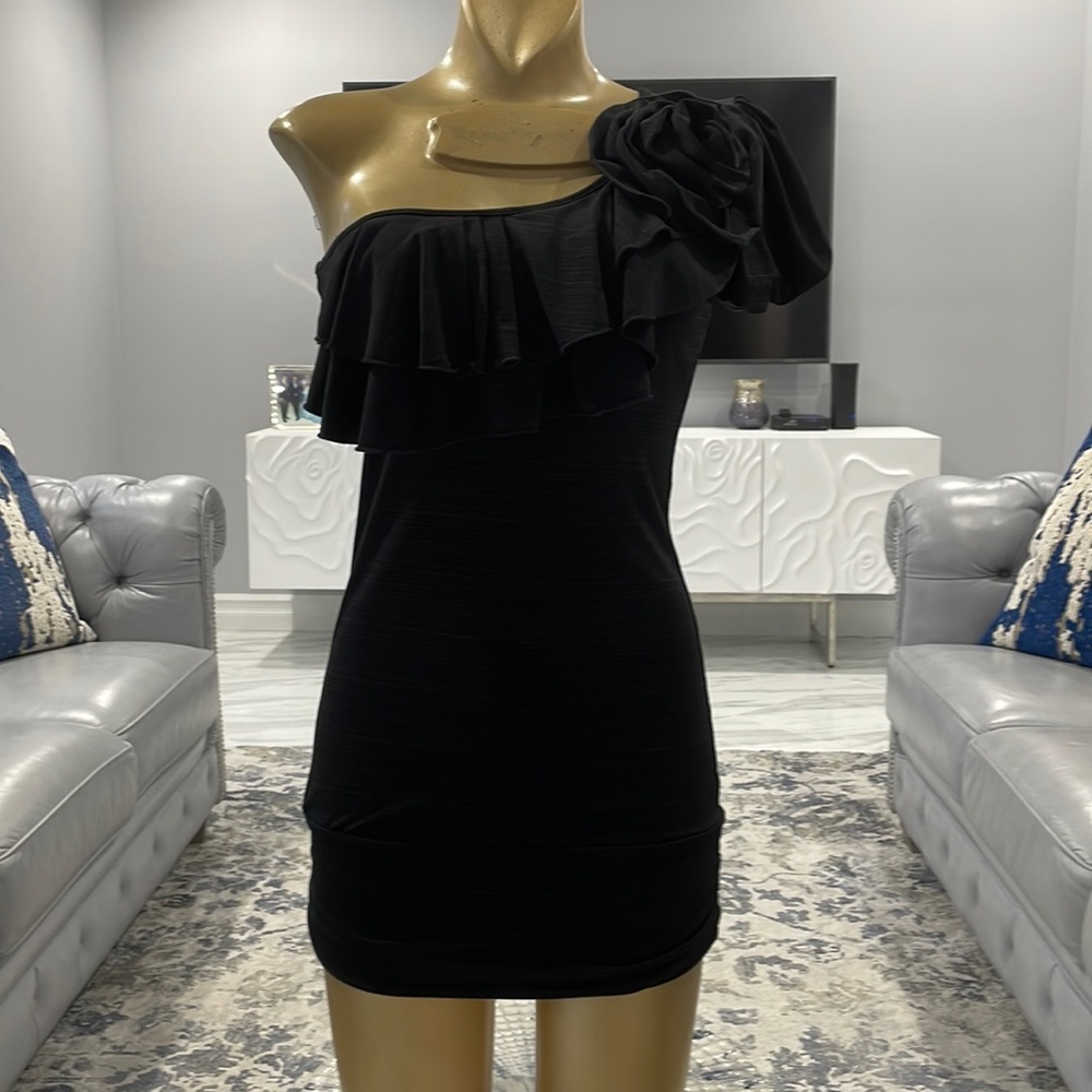 XOXO One Shoulder Ruffle bust Top Blouse Black SzM